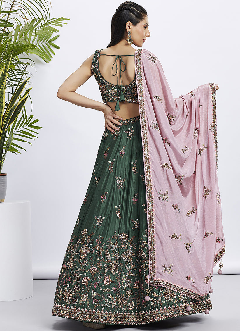 Pine Green Chiffon Embroidered Designer Wedding Lehenga Choli