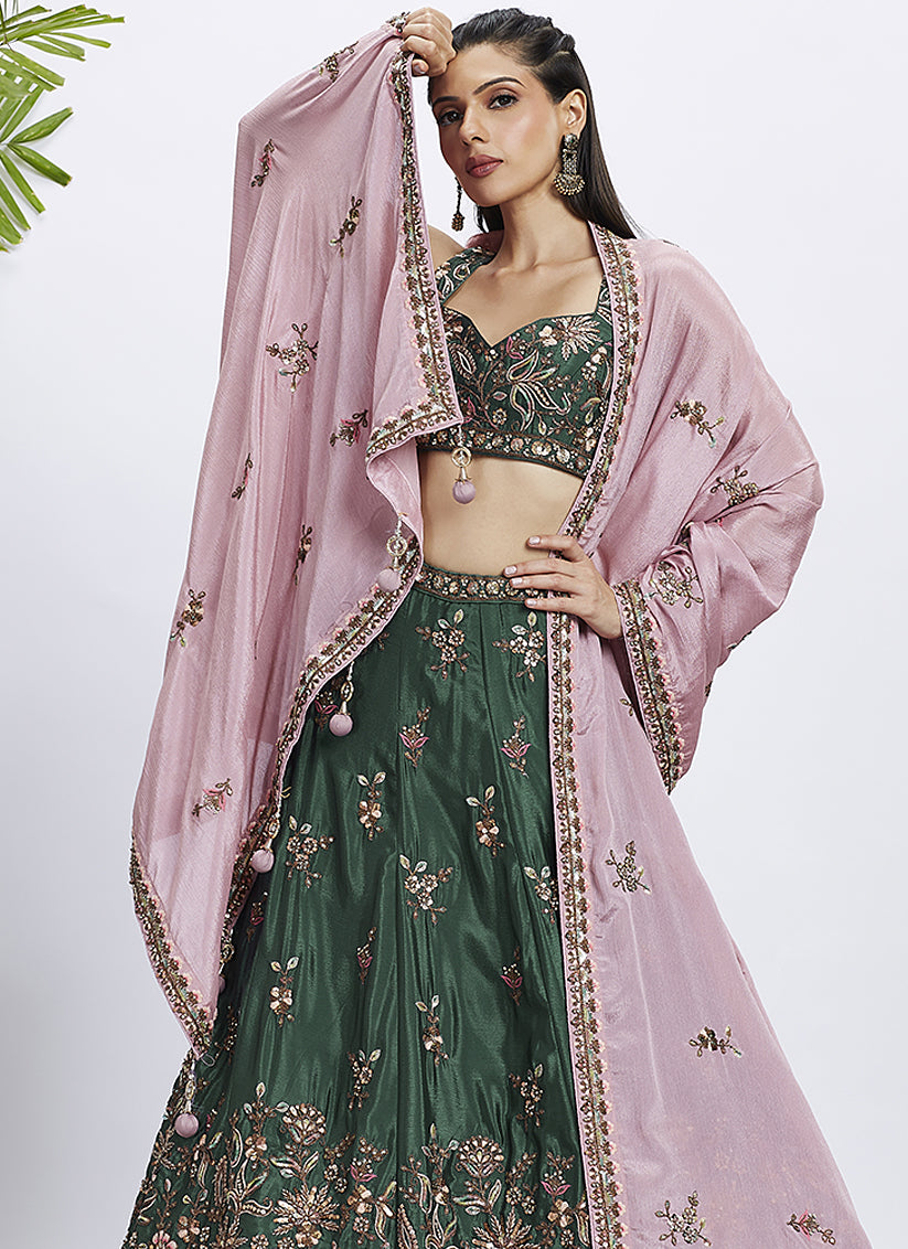 Pine Green Chiffon Embroidered Designer Wedding Lehenga Choli