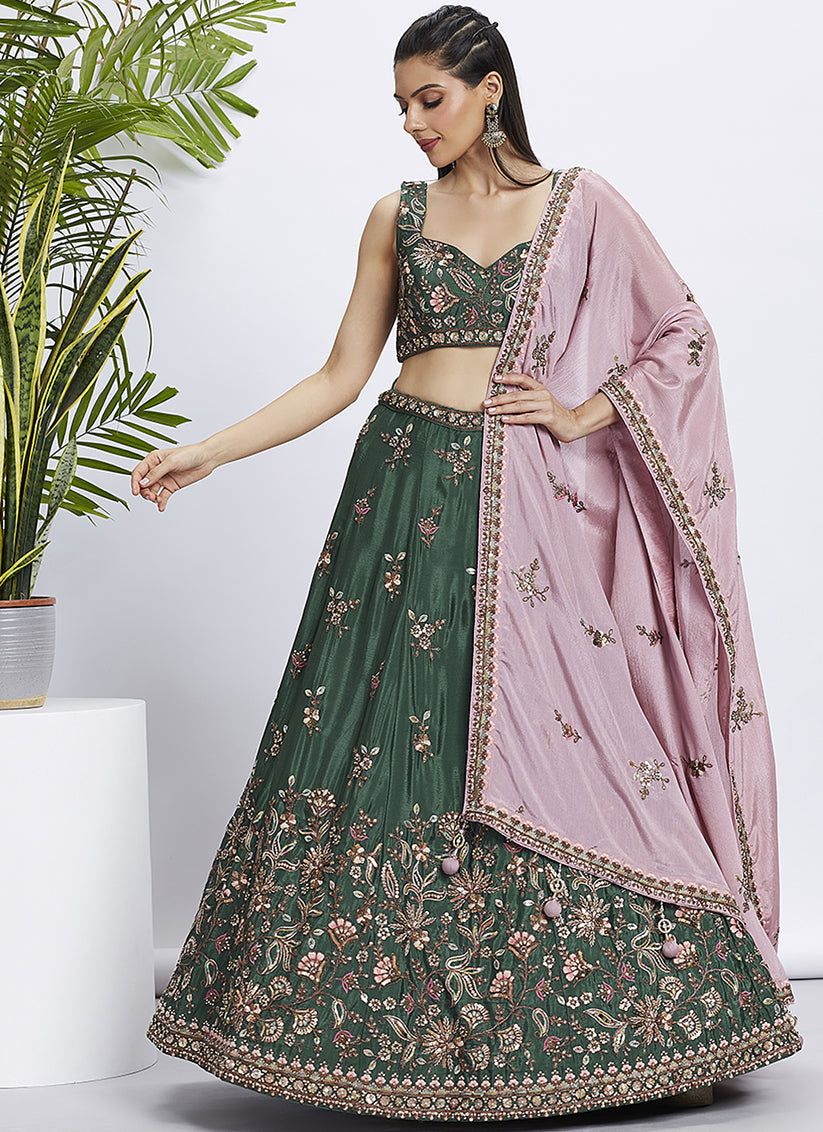 Pine Green Chiffon Embroidered Designer Wedding Lehenga Choli