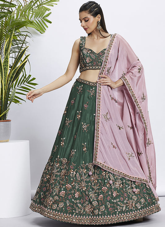 Pine Green Chiffon Embroidered Designer Wedding Lehenga Choli