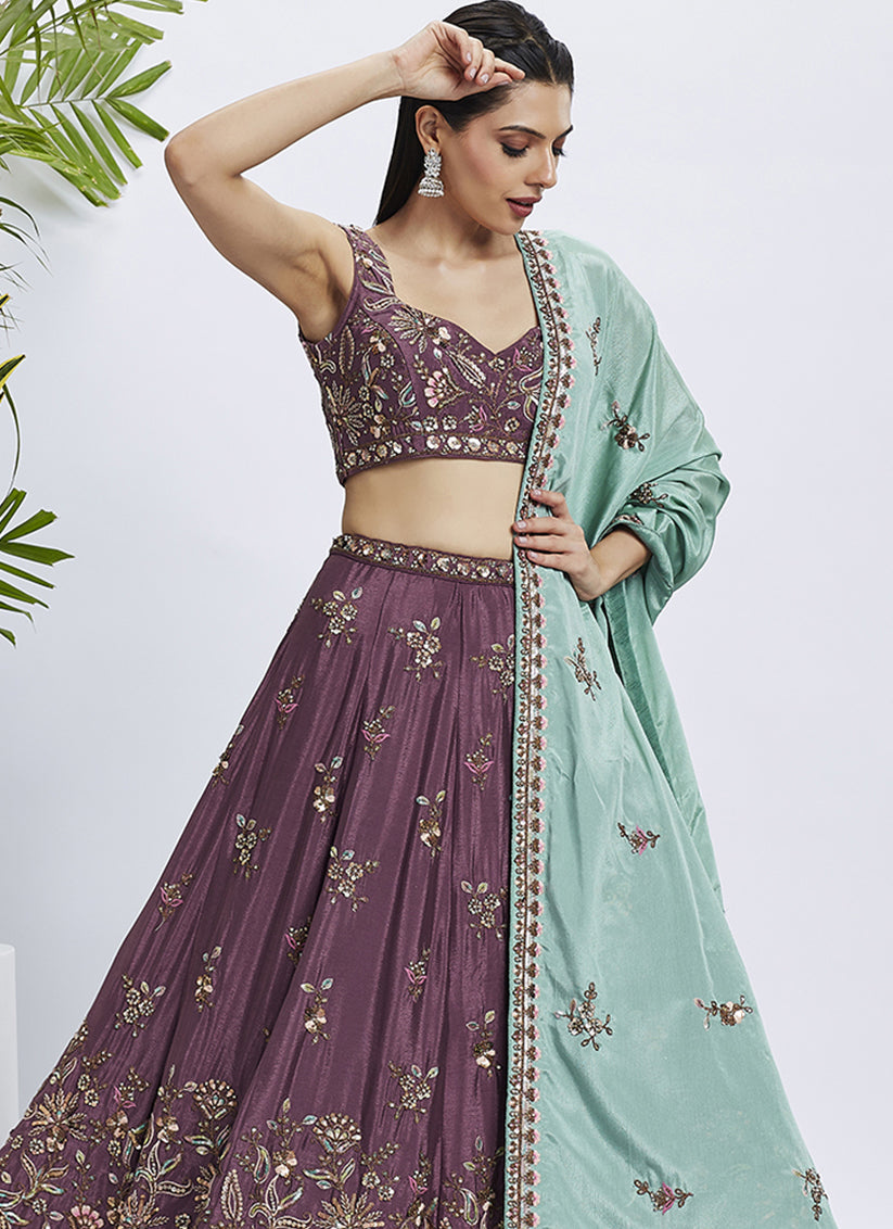 Burgundy Chiffon Embroidered Designer Wedding Lehenga Choli