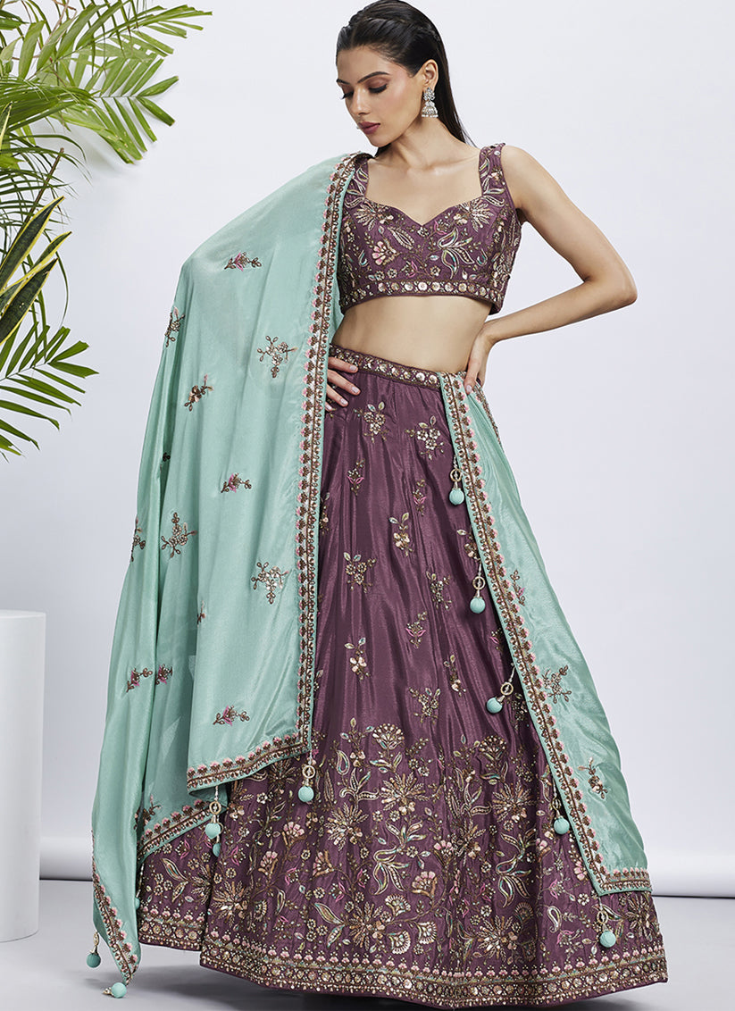 Burgundy Chiffon Embroidered Designer Wedding Lehenga Choli