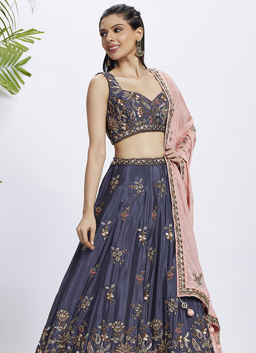 Dusty Purple Chiffon Embroidered Designer Wedding Lehenga Choli