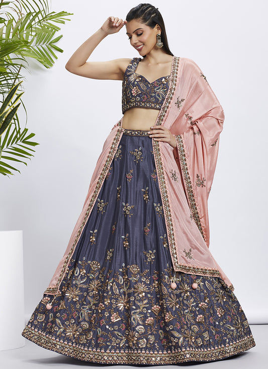 Dusty Purple Chiffon Embroidered Designer Wedding Lehenga Choli