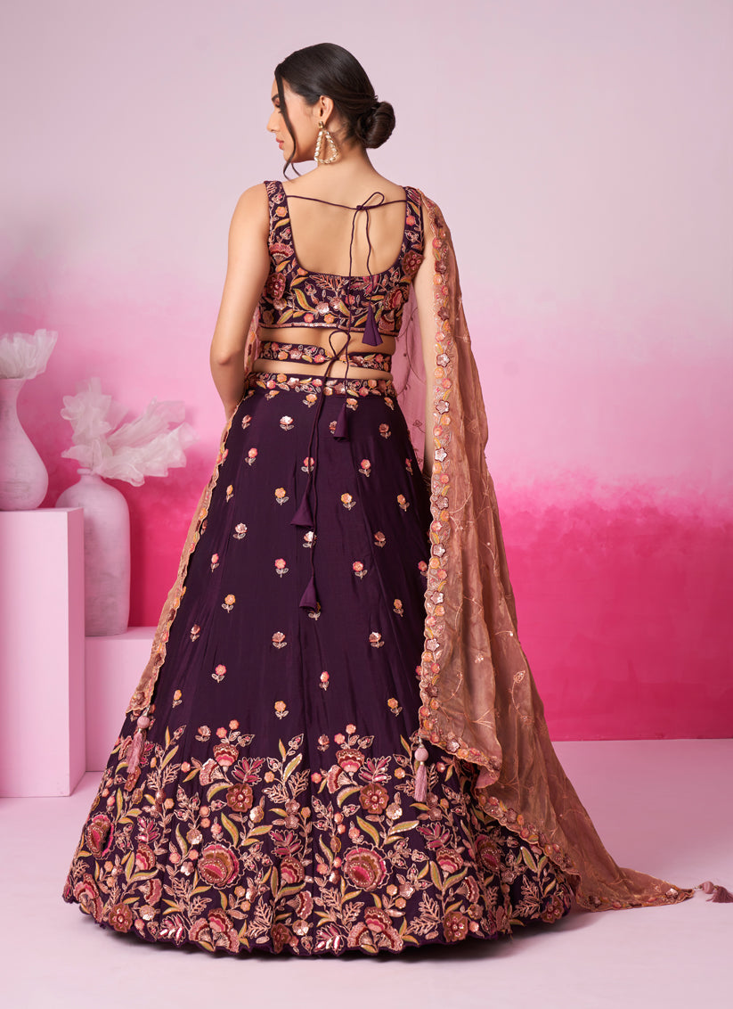 Burgundy Chiffon Embroidered Designer Wedding Lehenga Choli