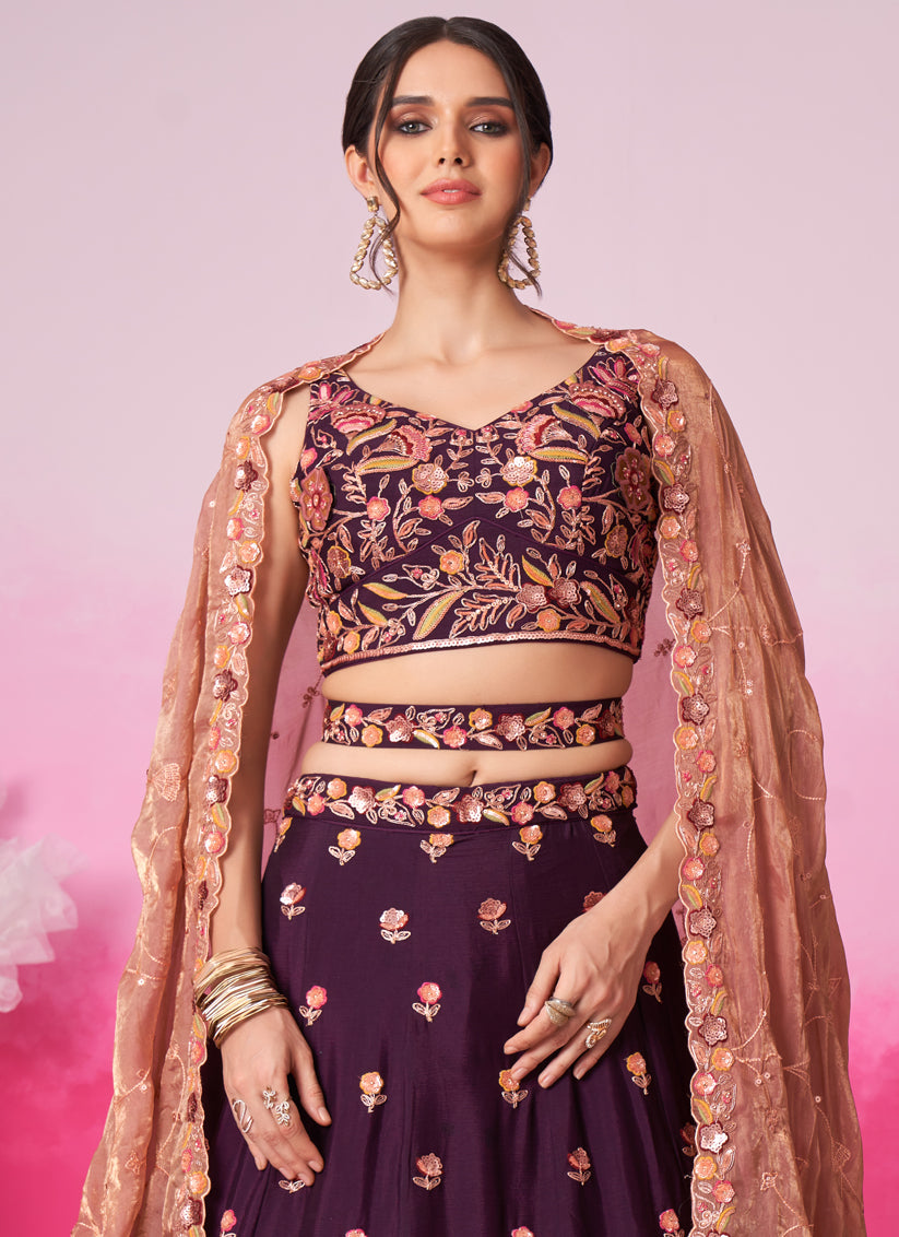 Burgundy Chiffon Embroidered Designer Wedding Lehenga Choli