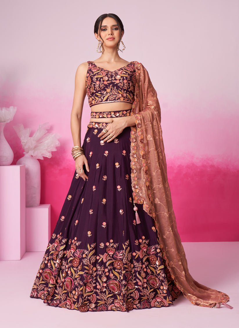 Burgundy Chiffon Embroidered Designer Wedding Lehenga Choli