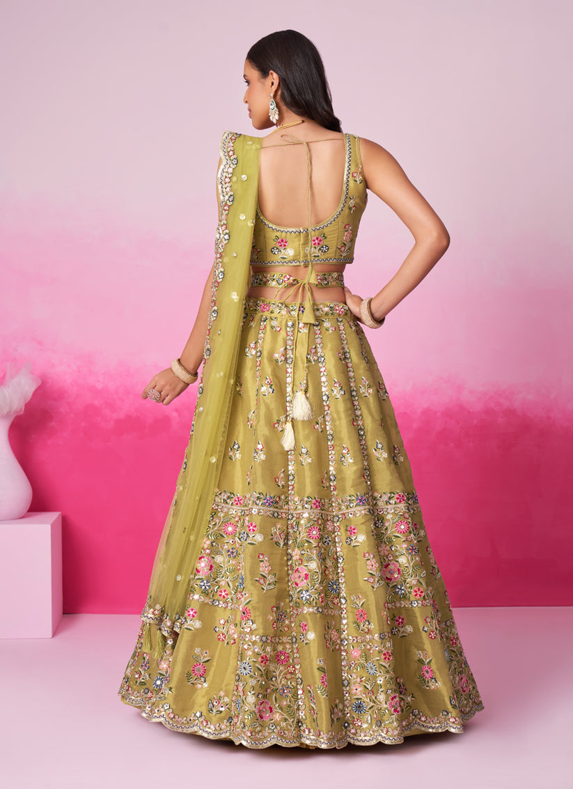 Mustard Net Embroidered Designer Wedding Lehenga Choli