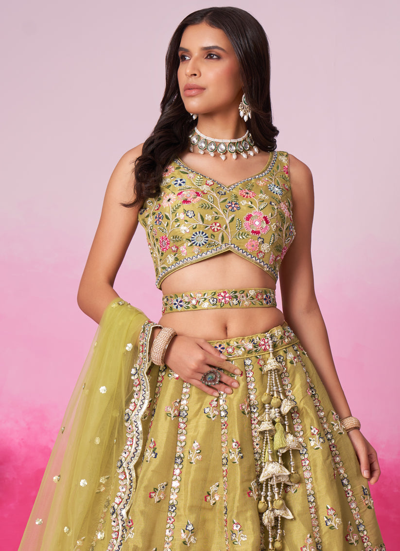 Mustard Net Embroidered Designer Wedding Lehenga Choli