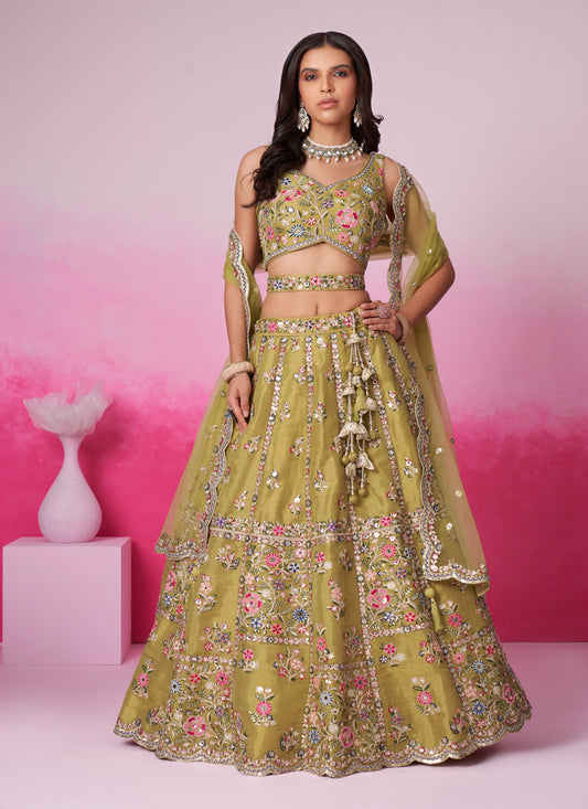 Mustard Net Embroidered Designer Wedding Lehenga Choli