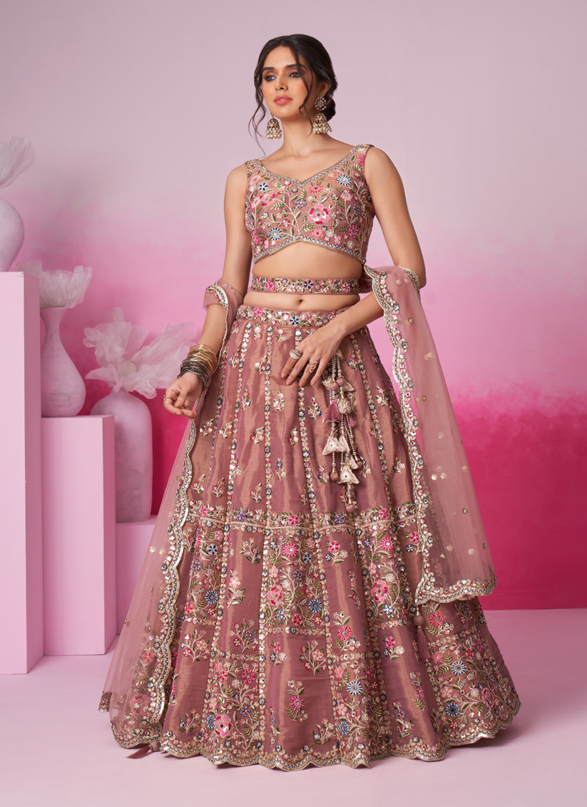 Old Rose Net Embroidered Designer Wedding Lehenga Choli