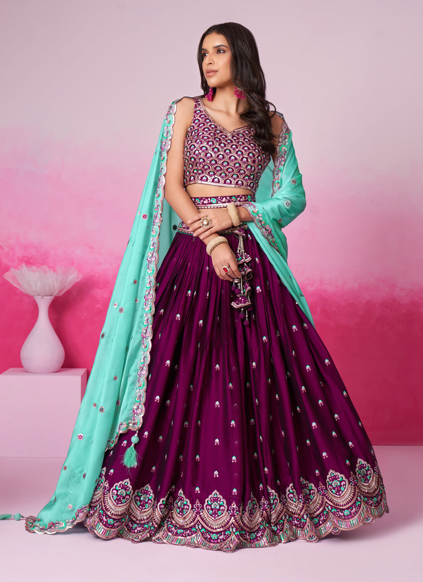 Wine Georgette Embroidered Designer Wedding Lehenga Choli