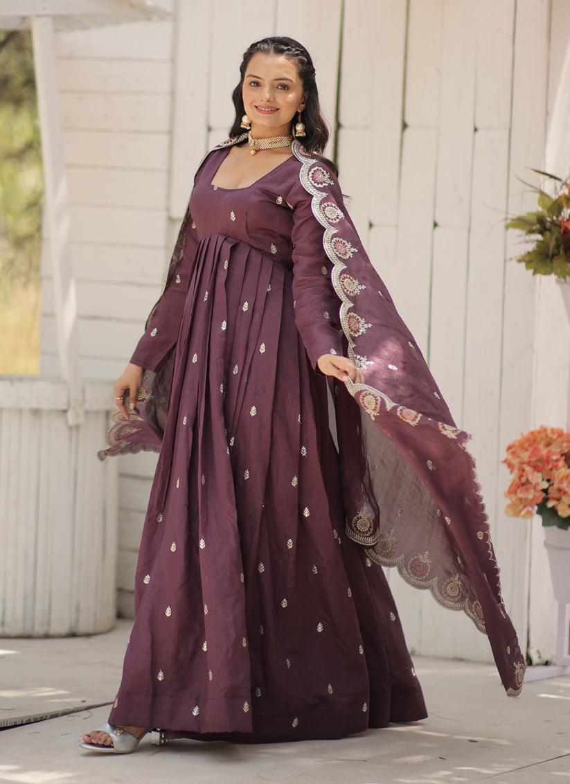 Burgundy Shimmer Silk Embroidered Gown with Dupatta