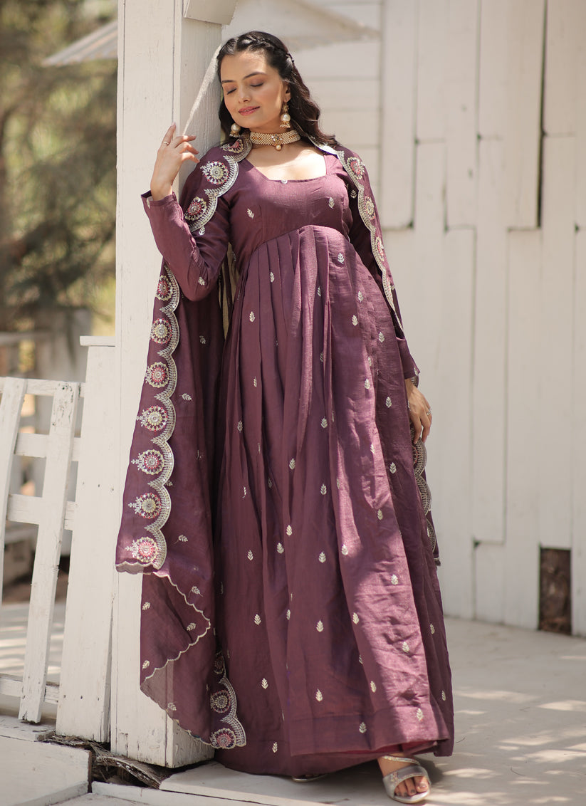 Burgundy Shimmer Silk Embroidered Gown with Dupatta