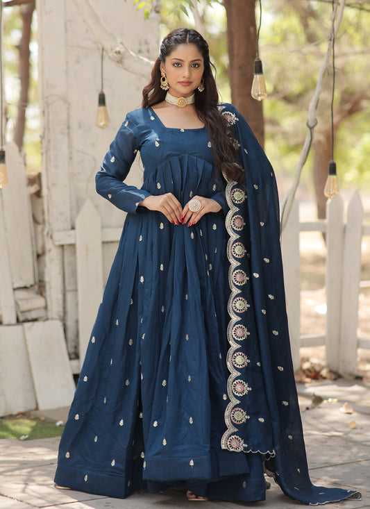 Prussian Blue Shimmer Silk Embroidered Gown with Dupatta