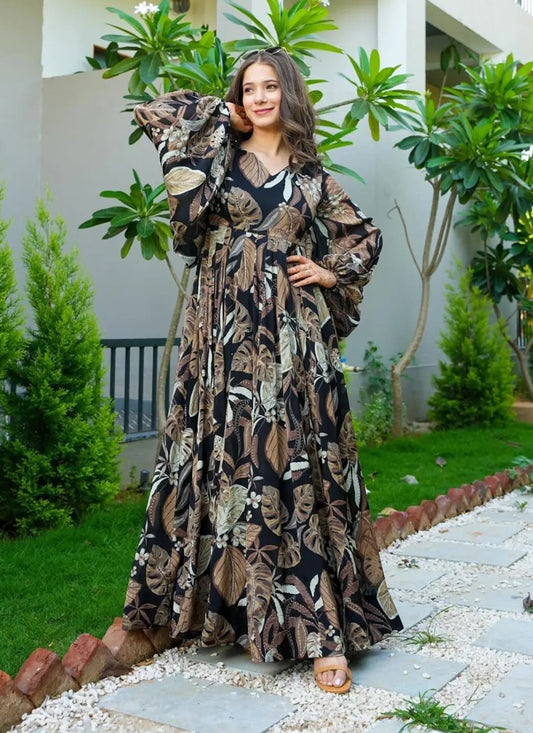 Black Chinnon Flared Digital Print Gown