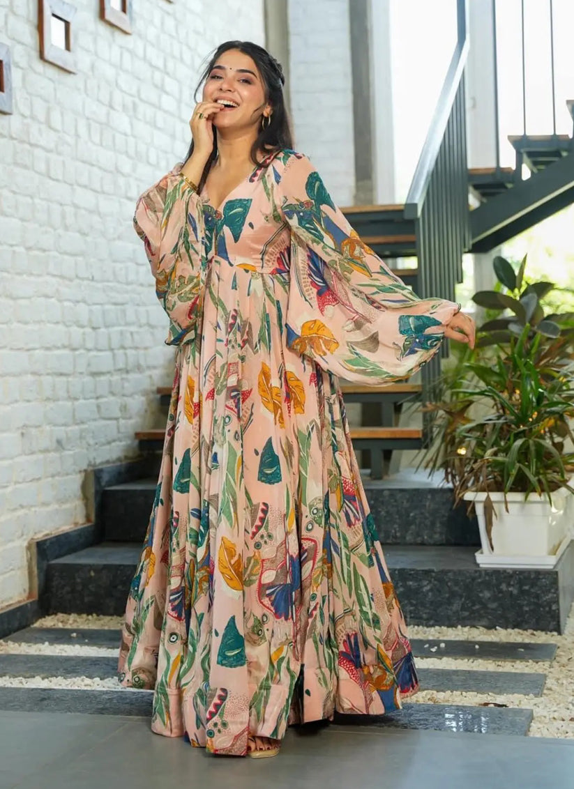 Peach Chinnon Flared Digital Print Gown