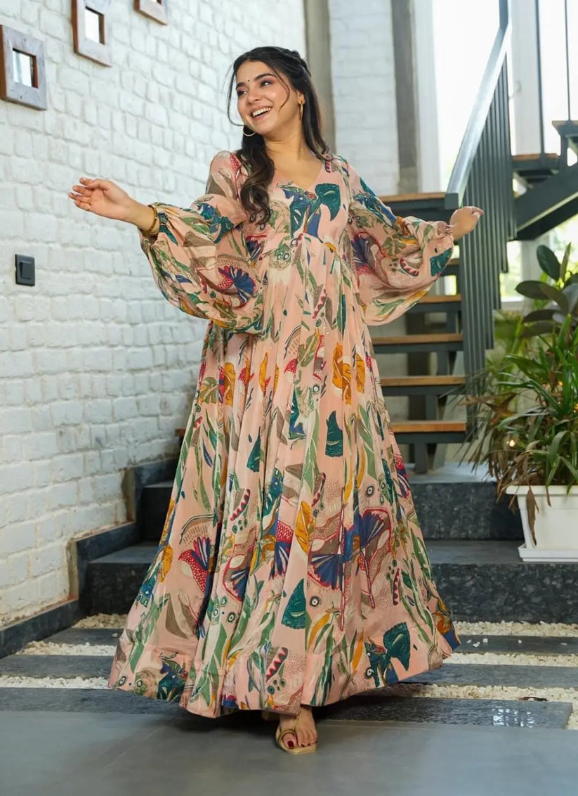 Peach Chinnon Flared Digital Print Gown