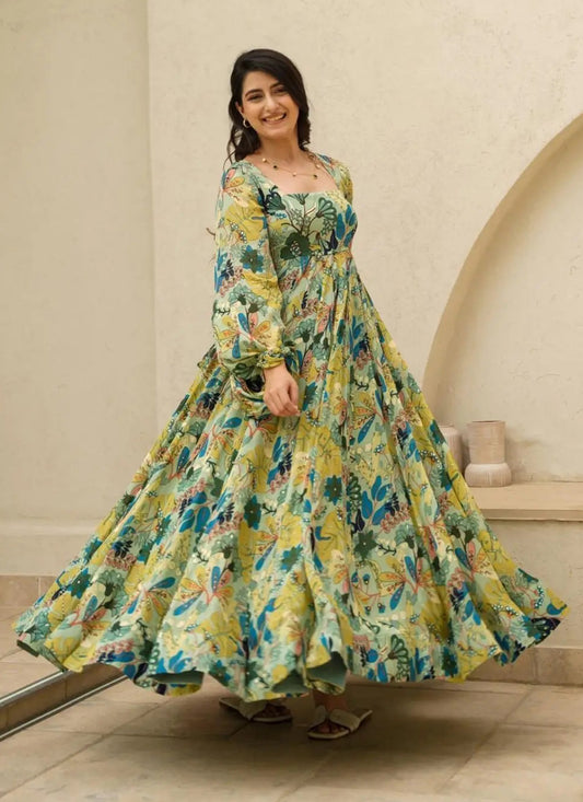 Pistachio Green Chinnon Flared Digital Print Gown