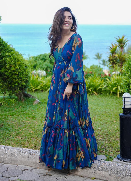 Persian Blue Georgette Flared Digital Print Gown