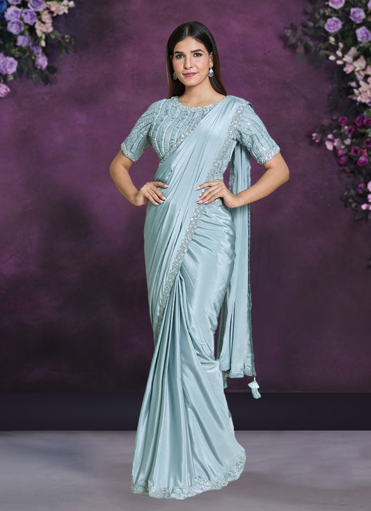 Firozi Silk Crepe Georgette Ready to Wear Designer Saree