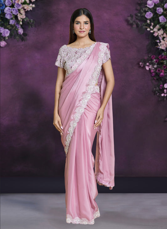 Pink Organza Silk Crepe Ready to Wear Designer Saree