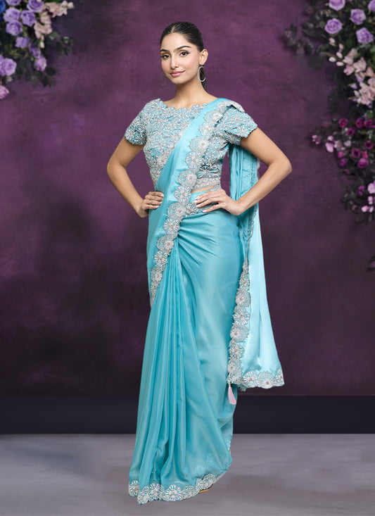 Firozi Organza Silk Crepe Ready to Wear Designer Saree