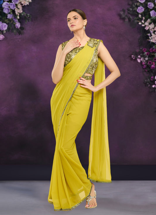 Olive Green Georgette Ready to Wear Designer Saree