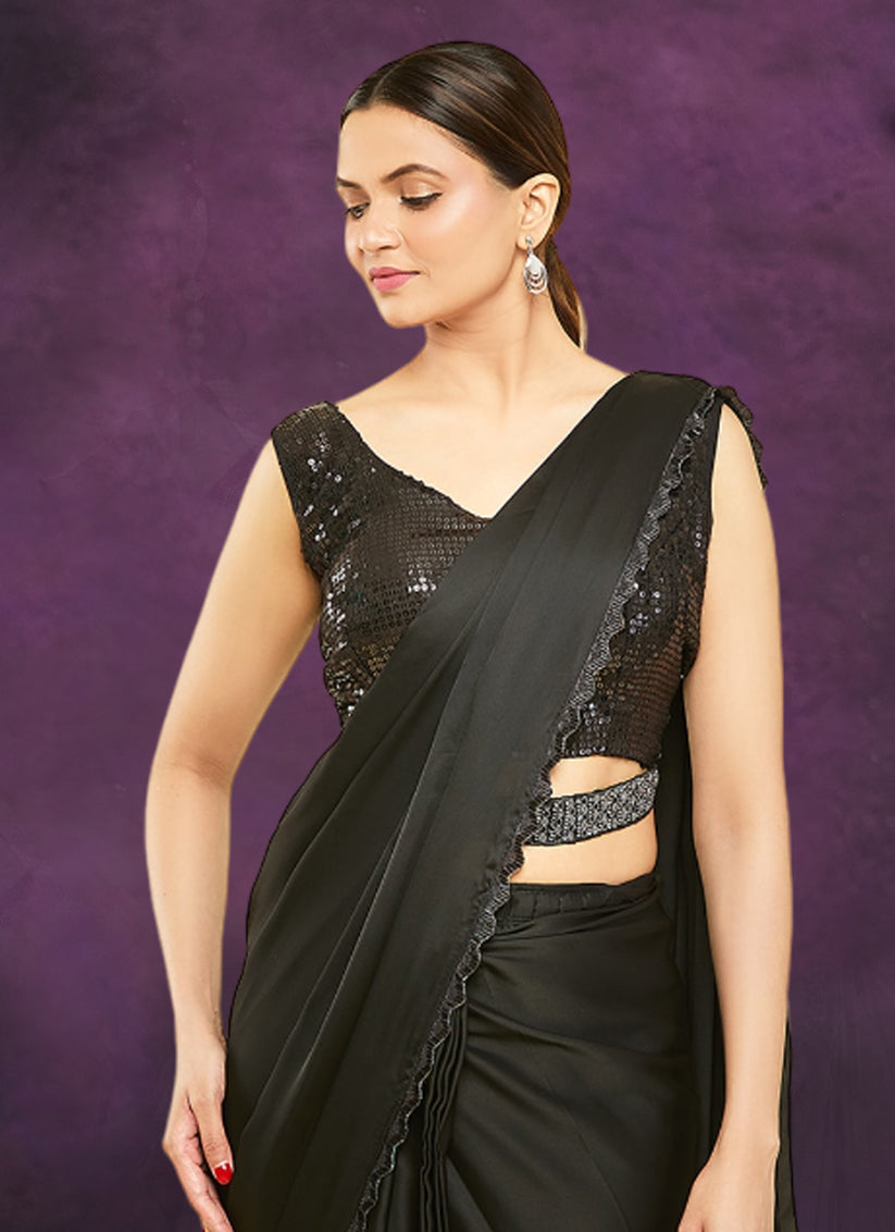 Black Crepe Satin Silk Ready to Wear Designer Saree