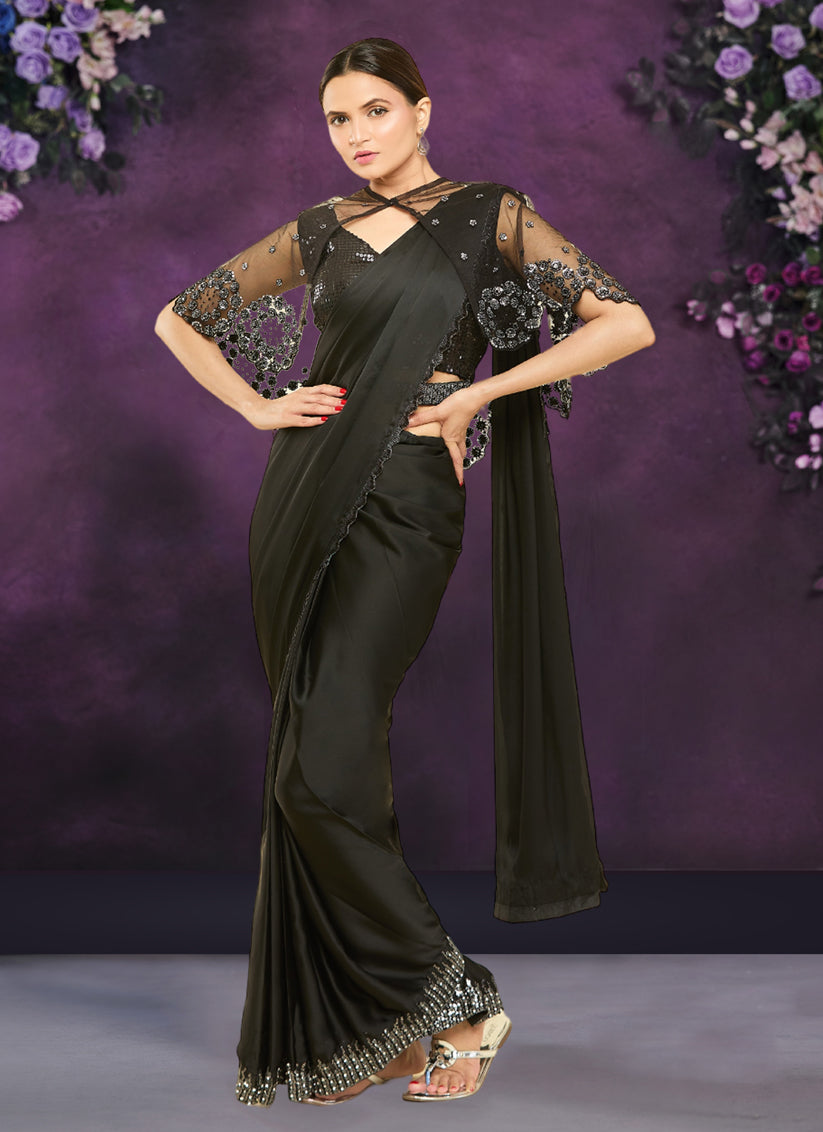 Black Crepe Satin Silk Ready to Wear Designer Saree