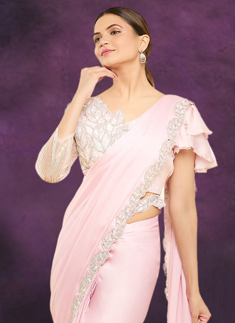 Pink Crepe Satin Silk Ready to Wear Designer Saree