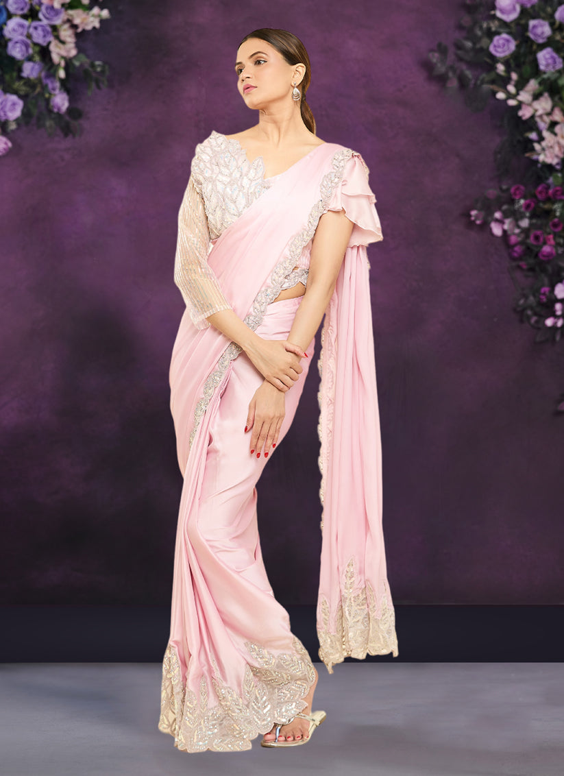 Pink Crepe Satin Silk Ready to Wear Designer Saree