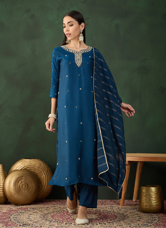 Prussian Blue Muslin Embroidered Readymade Pant Kameez