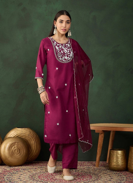 Wine Muslin Embroidered Readymade Pant Kameez