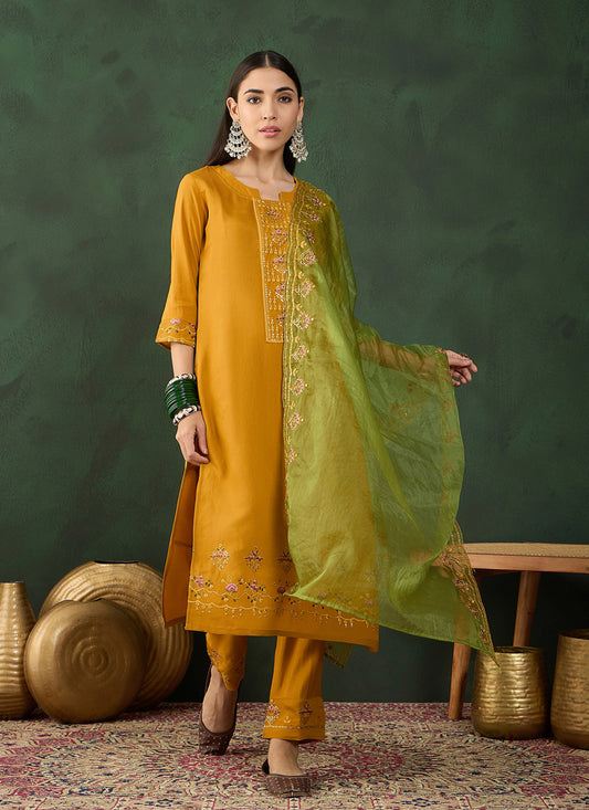 Mustard Chinnon Embroidered Readymade Pant Kameez