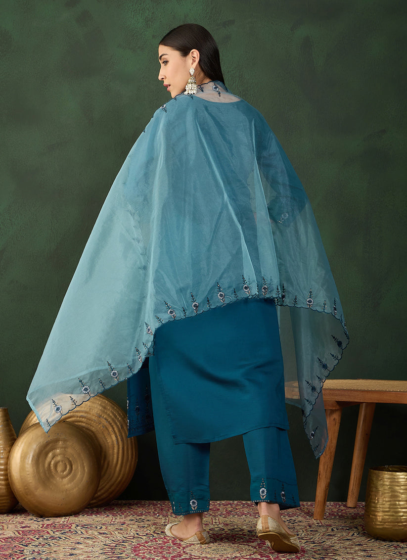 Peacock Blue Chinnon Embroidered Readymade Pant Kameez