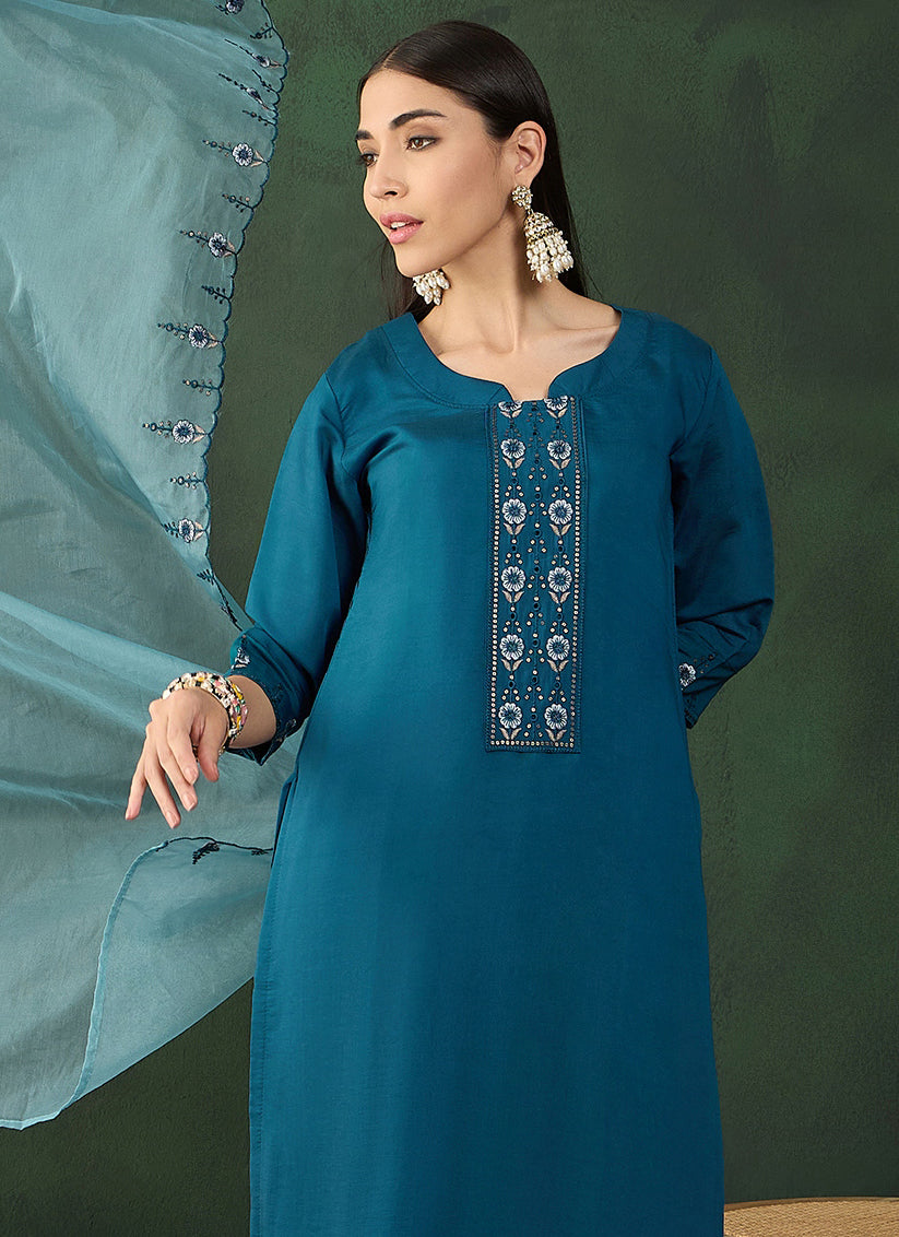 Peacock Blue Chinnon Embroidered Readymade Pant Kameez