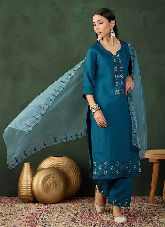 Peacock Blue Chinnon Embroidered Readymade Pant Kameez