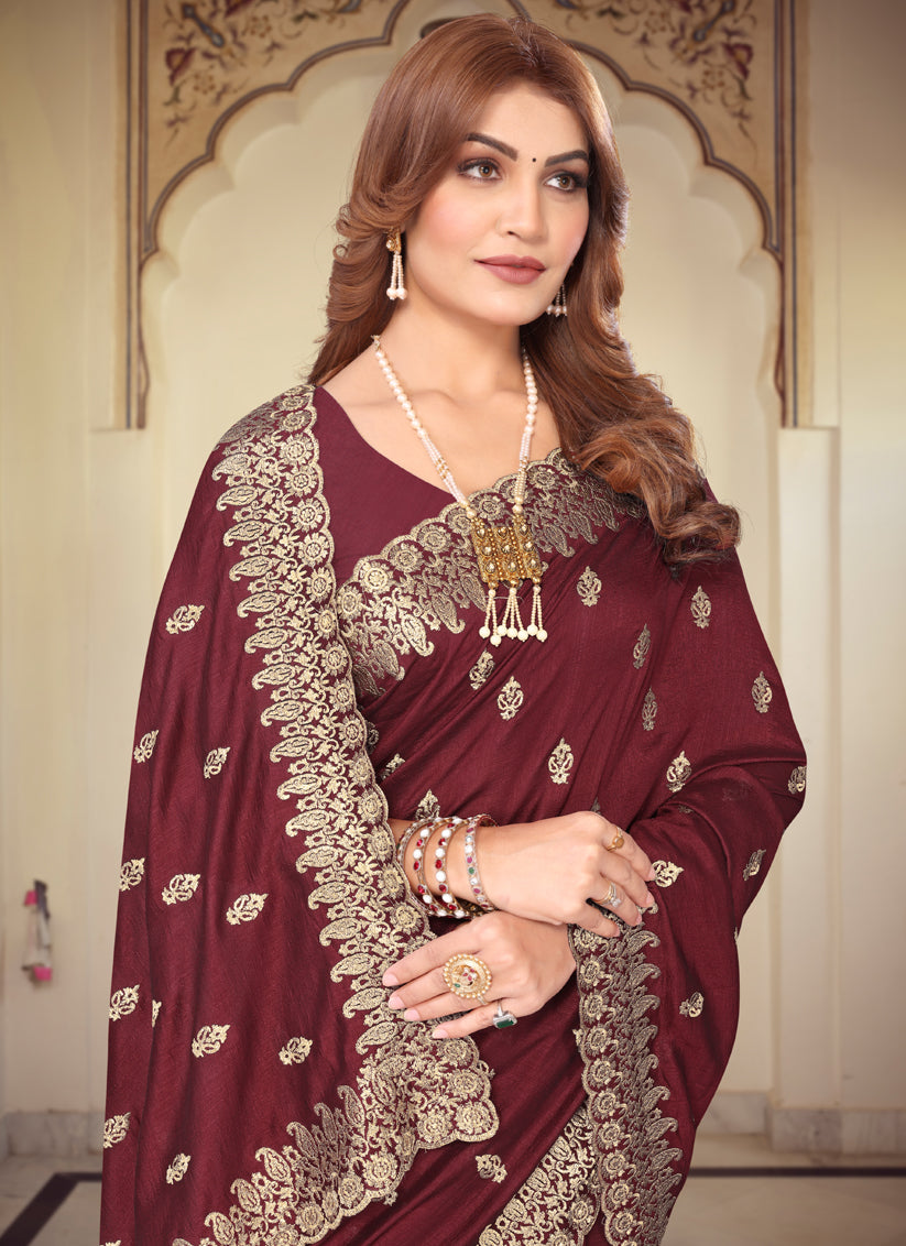 Maroon Georgette Embroidered Festival Saree