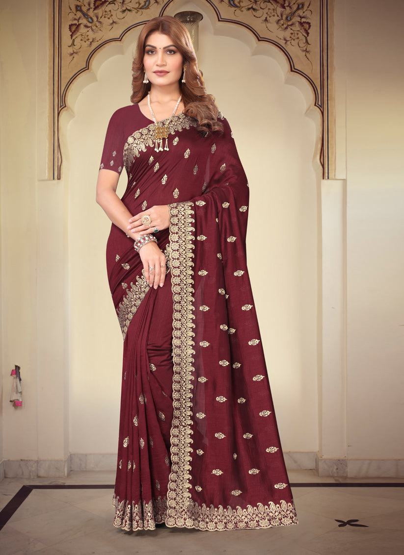 Maroon Georgette Embroidered Festival Saree