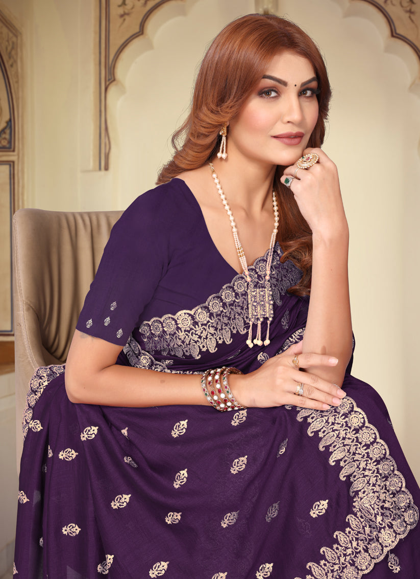 Purple Georgette Embroidered Festival Saree