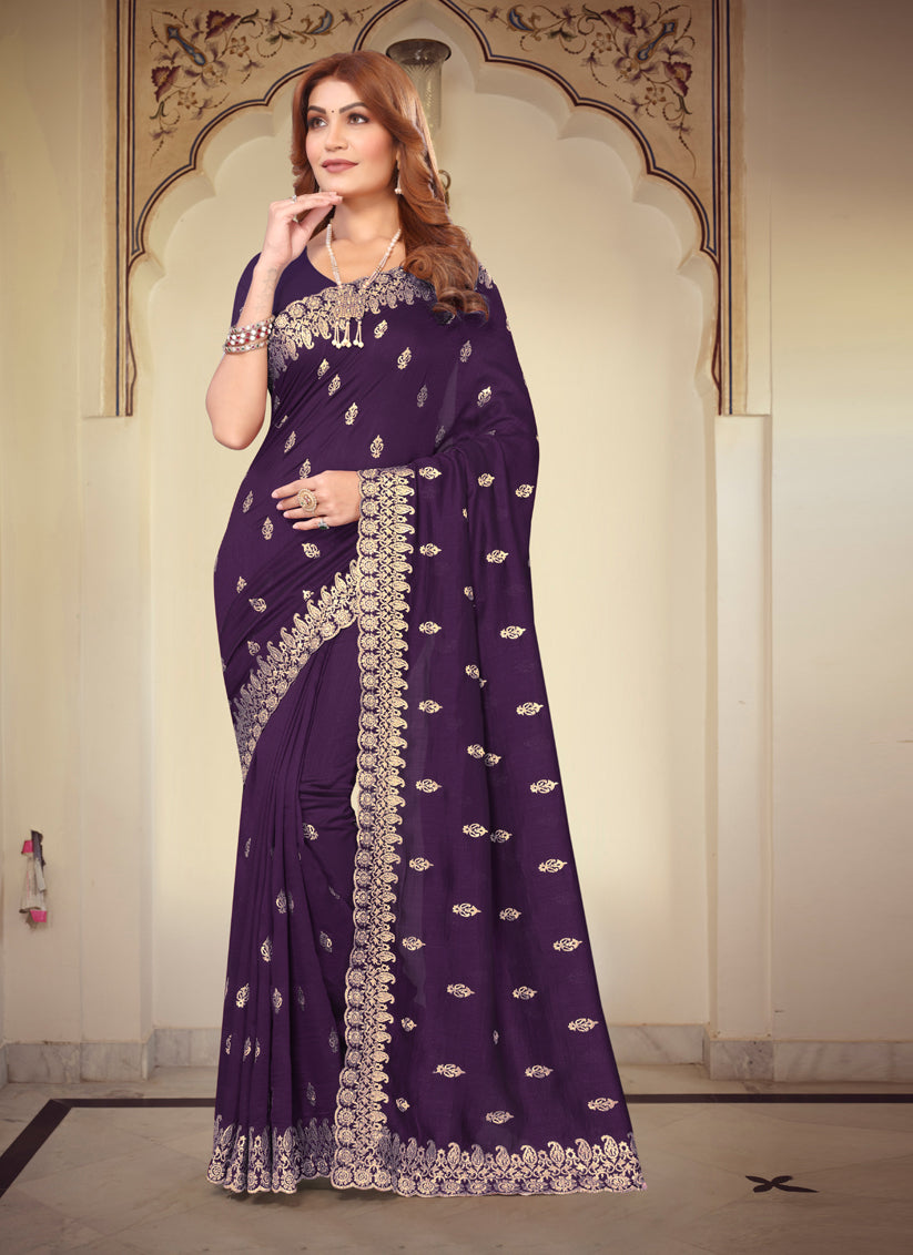 Purple Georgette Embroidered Festival Saree