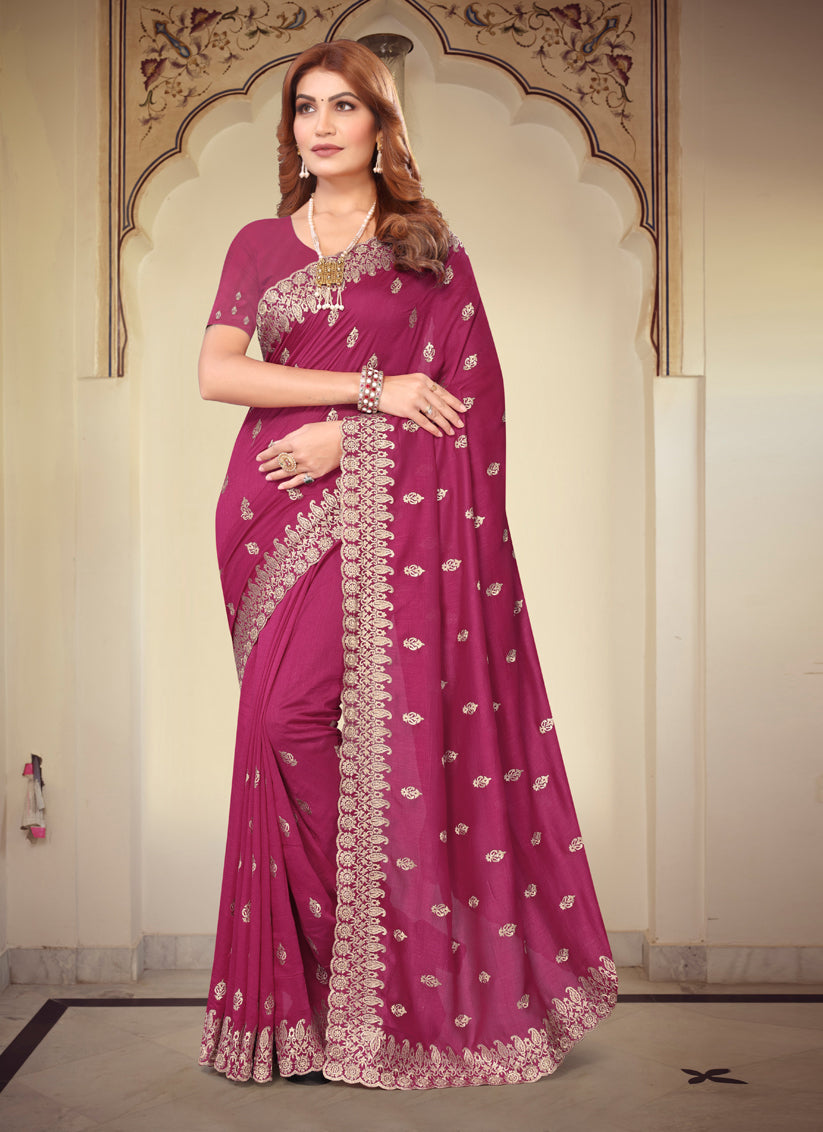 Rani Pink Georgette Embroidered Festival Saree