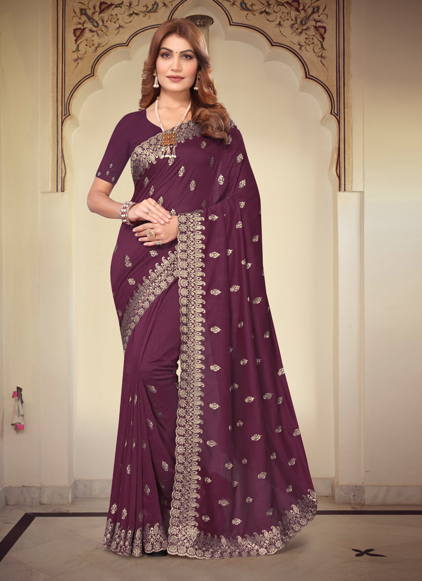 Wine Georgette Embroidered Festival Saree