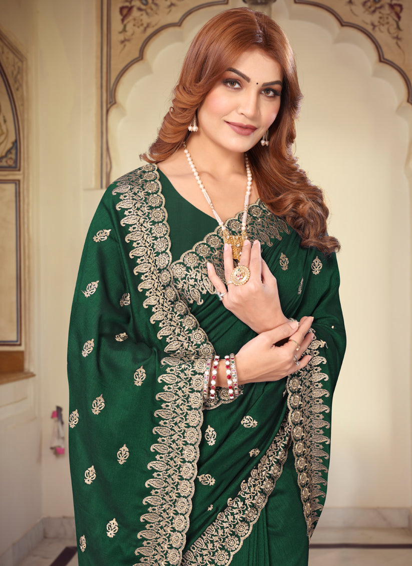 Bottle Green Georgette Embroidered Festival Saree