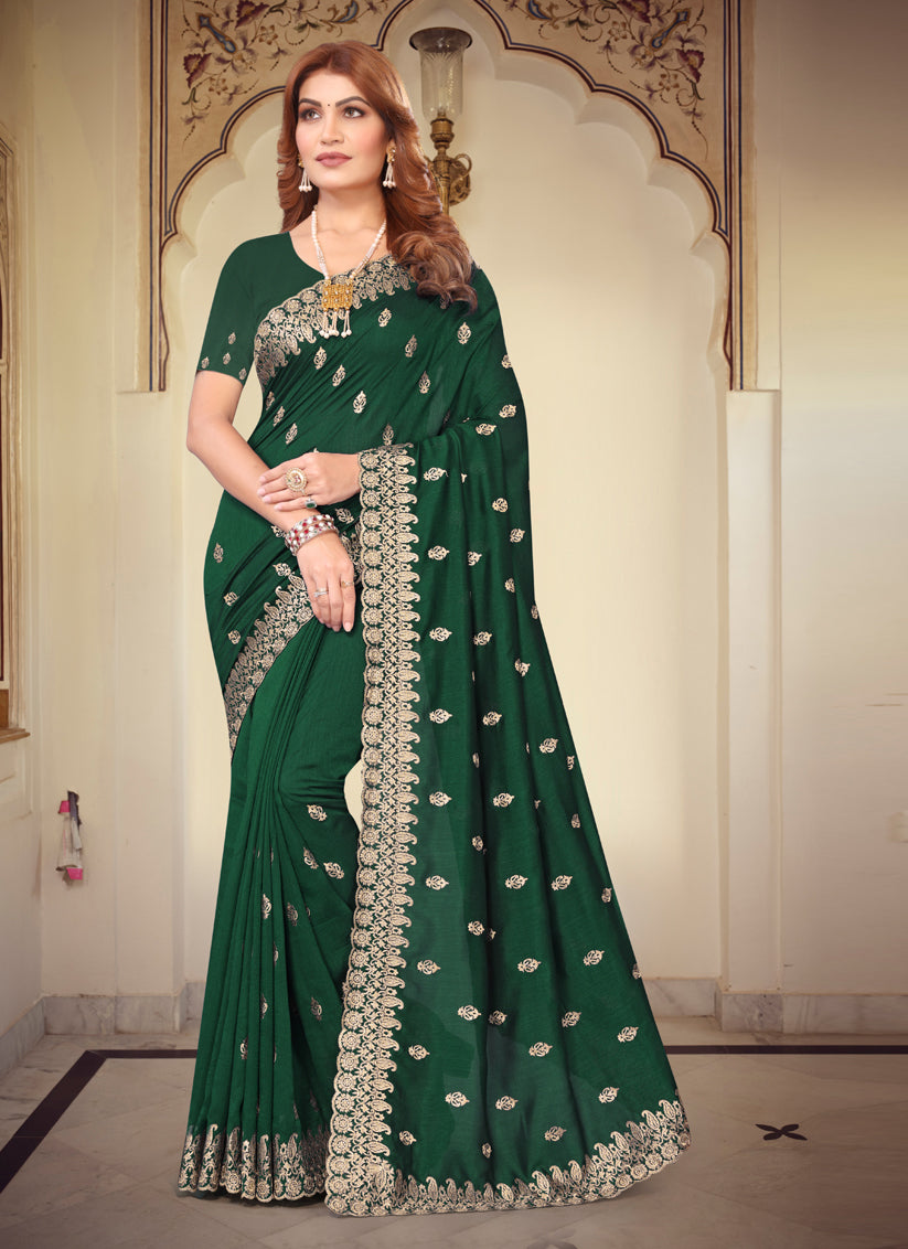 Bottle Green Georgette Embroidered Festival Saree