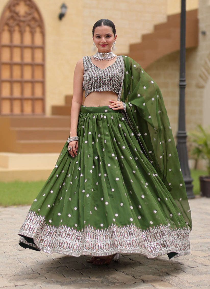 Moss Green Faux Georgette Sequins Embroidered Lehenga Choli