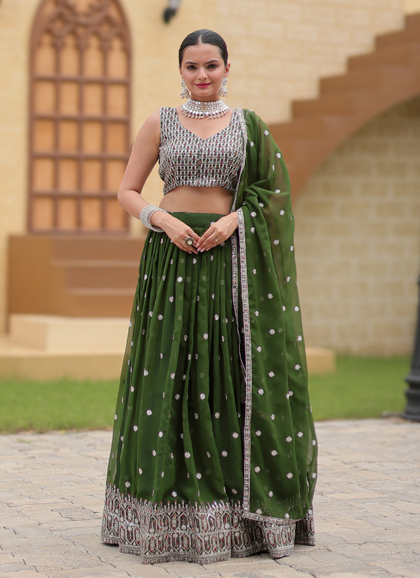 Moss Green Faux Georgette Sequins Embroidered Lehenga Choli