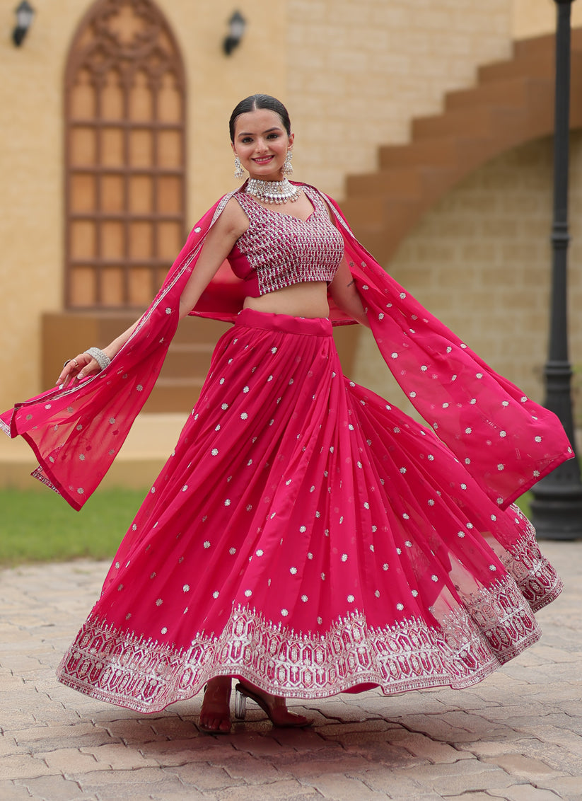 Rani Pink Faux Georgette Sequins Embroidered Lehenga Choli