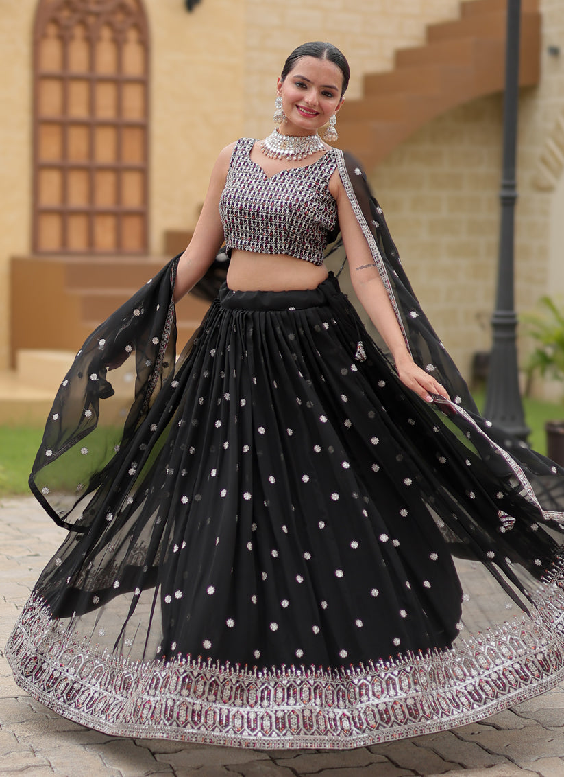 Black Faux Georgette Sequins Embroidered Lehenga Choli